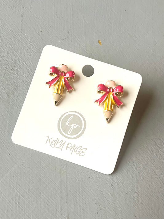 Pencil with Bow Stud Earrings