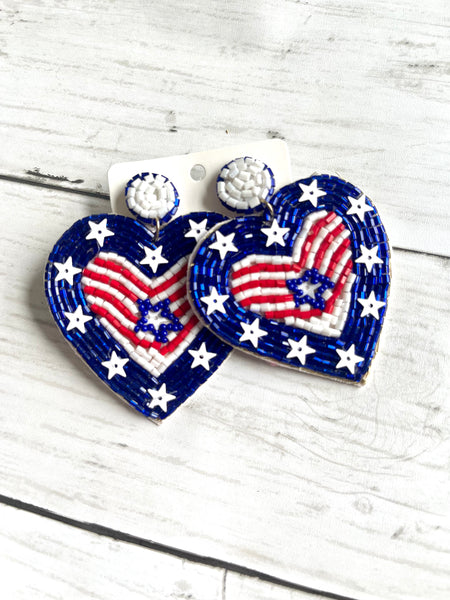 Beaded Patriotic Heart Earrings