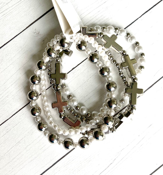 Pearl and silver cross stretch bracelet bundle